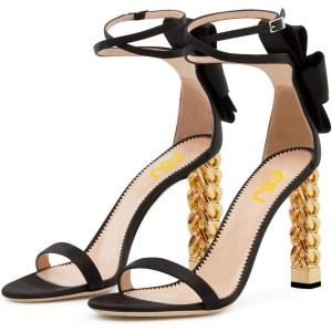 imageFSJ Women Flower Gold Metal Chain Chunky High Heels Ankle Strap Sandals Open Toe Fashion Summer Dressy Shoes Size 415 USBlack Bows
