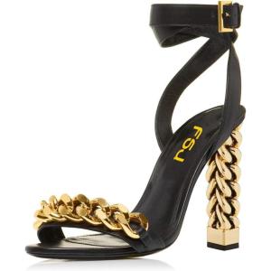 imageFSJ Women Flower Gold Metal Chain Chunky High Heels Ankle Strap Sandals Open Toe Fashion Summer Dressy Shoes Size 415 USBlack Chain