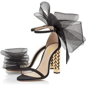 imageFSJ Women Flower Gold Metal Chain Chunky High Heels Ankle Strap Sandals Open Toe Fashion Summer Dressy Shoes Size 415 USBlack Mesh