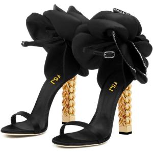 imageFSJ Women Flower Gold Metal Chain Chunky High Heels Ankle Strap Sandals Open Toe Fashion Summer Dressy Shoes Size 415 USBlack Rhinestones