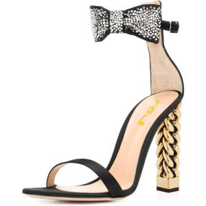 imageFSJ Women Flower Gold Metal Chain Chunky High Heels Ankle Strap Sandals Open Toe Fashion Summer Dressy Shoes Size 415 USBlack Satin