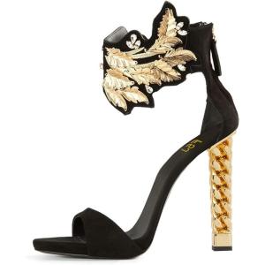 imageFSJ Women Flower Gold Metal Chain Chunky High Heels Ankle Strap Sandals Open Toe Fashion Summer Dressy Shoes Size 415 USBlack Vine