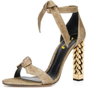 imageFSJ Women Flower Gold Metal Chain Chunky High Heels Ankle Strap Sandals Open Toe Fashion Summer Dressy Shoes Size 415 USGold Bows