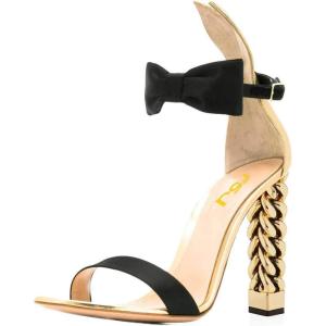 imageFSJ Women Flower Gold Metal Chain Chunky High Heels Ankle Strap Sandals Open Toe Fashion Summer Dressy Shoes Size 415 USGold Leaf