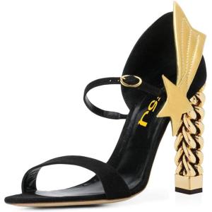 imageFSJ Women Flower Gold Metal Chain Chunky High Heels Ankle Strap Sandals Open Toe Fashion Summer Dressy Shoes Size 415 USGold Star