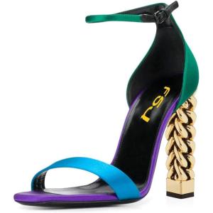imageFSJ Women Flower Gold Metal Chain Chunky High Heels Ankle Strap Sandals Open Toe Fashion Summer Dressy Shoes Size 415 USGreen Purple