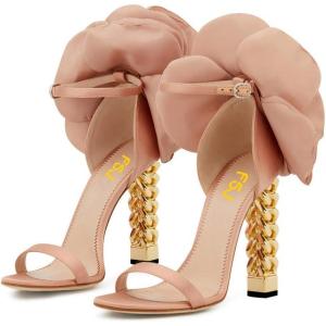 imageFSJ Women Flower Gold Metal Chain Chunky High Heels Ankle Strap Sandals Open Toe Fashion Summer Dressy Shoes Size 415 USPink