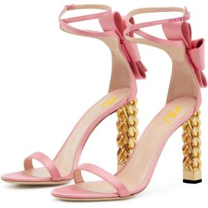 imageFSJ Women Flower Gold Metal Chain Chunky High Heels Ankle Strap Sandals Open Toe Fashion Summer Dressy Shoes Size 415 USPink Bows
