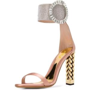 imageFSJ Women Flower Gold Metal Chain Chunky High Heels Ankle Strap Sandals Open Toe Fashion Summer Dressy Shoes Size 415 USPink Satin