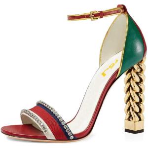 imageFSJ Women Flower Gold Metal Chain Chunky High Heels Ankle Strap Sandals Open Toe Fashion Summer Dressy Shoes Size 415 USRed Green