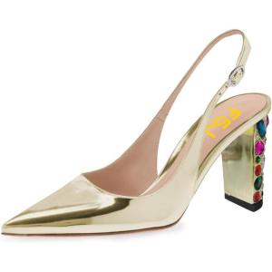 imageFSJ Women Graceful Studded Crystal Heel Pumps Pointed Toe Chunky High Heel Back Strap Buckle Slingback Summer Party Dress Sandal Shoes Size 415 USChampagne