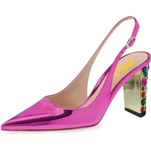imageFSJ Women Graceful Studded Crystal Heel Pumps Pointed Toe Chunky High Heel Back Strap Buckle Slingback Summer Party Dress Sandal Shoes Size 415 USFuchsia