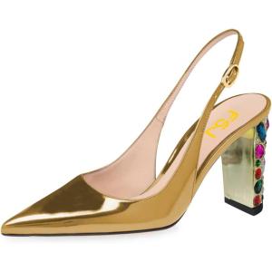 imageFSJ Women Graceful Studded Crystal Heel Pumps Pointed Toe Chunky High Heel Back Strap Buckle Slingback Summer Party Dress Sandal Shoes Size 415 USGold