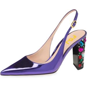 imageFSJ Women Graceful Studded Crystal Heel Pumps Pointed Toe Chunky High Heel Back Strap Buckle Slingback Summer Party Dress Sandal Shoes Size 415 USPurple
