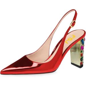 imageFSJ Women Graceful Studded Crystal Heel Pumps Pointed Toe Chunky High Heel Back Strap Buckle Slingback Summer Party Dress Sandal Shoes Size 415 USRed
