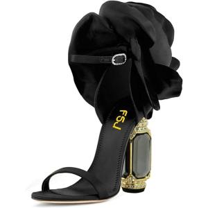 imageFSJ Women Open Toe Stylish Sandal Ankle Strap Chunky Block High Thick Heels Wedding Party Ballroom Prom Shoes US Size 415 USBlack Flower