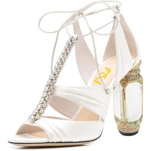 imageFSJ Women Open Toe Stylish Sandal Ankle Strap Chunky Block High Thick Heels Wedding Party Ballroom Prom Shoes US Size 415 USWhite