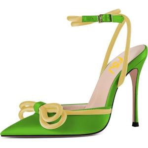 imageFSJ Womens Pointy Toe Stiletto High Heel Sandals Rhinestones Bowknot Ankle Strap Buckle Heeled Pump Lace Up Dress Party Shoes Size 415 USLime Green