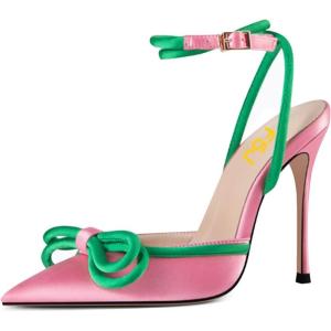 imageFSJ Womens Pointy Toe Stiletto High Heel Sandals Rhinestones Bowknot Ankle Strap Buckle Heeled Pump Lace Up Dress Party Shoes Size 415 USPink