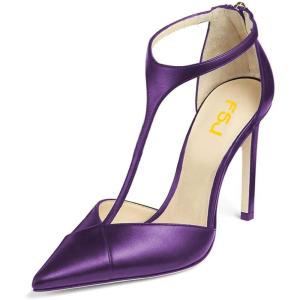 imageFSJ Women Charm T Strap Sandals Stilettos High Heels Pointed Closed Toe Pumps Back Zipper Ladies Girls Party Prom Wedding Sexy Dress Shoes Size 415 USPurple