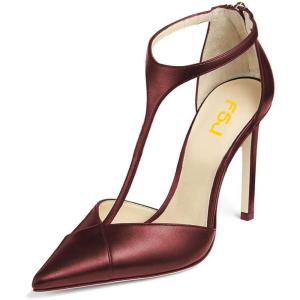 imageFSJ Women Charm T Strap Sandals Stilettos High Heels Pointed Closed Toe Pumps Back Zipper Ladies Girls Party Prom Wedding Sexy Dress Shoes Size 415 USRed