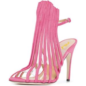imageFSJ Women Peep Toe High Heel Bootie Pumps Stiletto PVC Dress Ankle Strap Sandal Slingback Buckle Stylish Shoes 415 M USPink