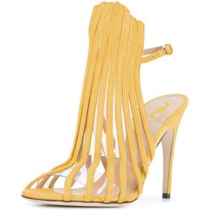 imageFSJ Women Peep Toe High Heel Bootie Pumps Stiletto PVC Dress Ankle Strap Sandal Slingback Buckle Stylish Shoes 415 M USYellow