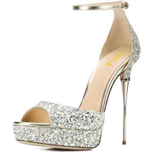 imageFSJ Women Platform High Stiletto Heels Sandals Peep Toe with Ankle Straps Buckle Sexy Summer Pumps Shoes Size 415 USGlitter
