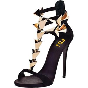 imageFSJ Women Sexy Open Toe TStrap Rivets Studded Stiletto High Heel Sandal Strappy Gladiator Back Zipper Dress Pump Shoes Size 415 USBlack