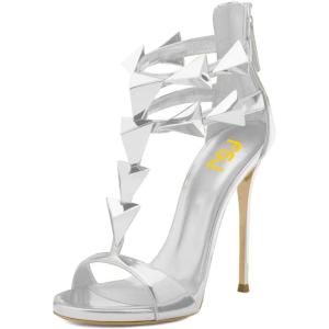 imageFSJ Women Sexy Open Toe TStrap Rivets Studded Stiletto High Heel Sandal Strappy Gladiator Back Zipper Dress Pump Shoes Size 415 USSilver