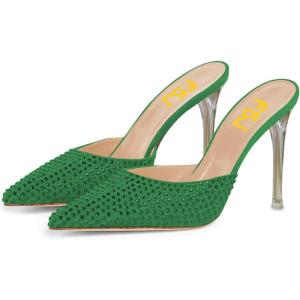 imageFSJ Women Sexy Pointed Toe Stiletto High Heel Sandals Slip On Rhinestone Summer Casual Shopping Dress Slide Shoes Size 415 USGreen
