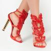 imageFSJ Women Gold Metal Chain Thick High Heel Sandals Open Toe Strappy Ankle Buckle Strap Slingback Ladies Comfy Summer Dress Shoes Size 415 USRed Flame