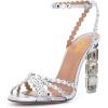 imageFSJ Women Jeweled High Heel Sandals Rhinestones Diamonds Chunky Block Heel Ankle Strap Buckle Open Toe Fashion Party Evening Wedding Dress Shoes Size 415 USSilver