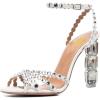 imageFSJ Women Jeweled High Heel Sandals Rhinestones Diamonds Chunky Block Heel Ankle Strap Buckle Open Toe Fashion Party Evening Wedding Dress Shoes Size 415 USWhite