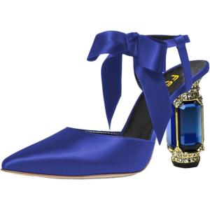 imageFSJ Women Ankle Strap High Heel Sandals Pointed Toe Bow DOrsay Pumps Crystal Chunky Heel Party Dress Shoes Size 416 USBlue