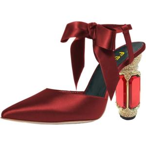 imageFSJ Women Ankle Strap High Heel Sandals Pointed Toe Bow DOrsay Pumps Crystal Chunky Heel Party Dress Shoes Size 416 USRed