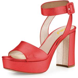 imageFSJ Women Comfortable Chunky Heel Platform Sandal Ankle Strap Open Toe Buckle Shoes Size 415 USRed