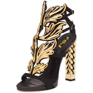 imageFSJ Women Gold Metal Chain Thick High Heel Sandals Open Toe Strappy Ankle Buckle Strap Slingback Ladies Comfy Summer Dress Shoes Size 415 USFlame