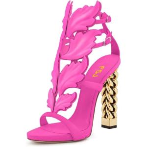 imageFSJ Women Gold Metal Chain Thick High Heel Sandals Open Toe Strappy Ankle Buckle Strap Slingback Ladies Comfy Summer Dress Shoes Size 415 USFuchsia Flame