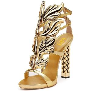 imageFSJ Women Gold Metal Chain Thick High Heel Sandals Open Toe Strappy Ankle Buckle Strap Slingback Ladies Comfy Summer Dress Shoes Size 415 USGold Flame