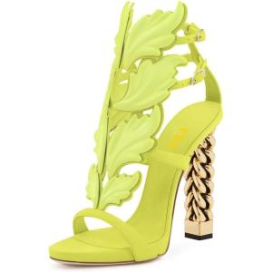 imageFSJ Women Gold Metal Chain Thick High Heel Sandals Open Toe Strappy Ankle Buckle Strap Slingback Ladies Comfy Summer Dress Shoes Size 415 USYellow Flame