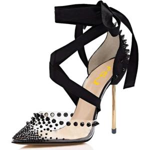 imageFSJ Women High Heel Ankle Strap Sandals Pointed Toe Rivets Pumps PVC Club Dress Shoes with Studs Fashion Size 415 USBlack