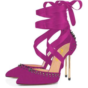 imageFSJ Women High Heel Ankle Strap Sandals Pointed Toe Rivets Pumps PVC Club Dress Shoes with Studs Fashion Size 415 USFuchsia