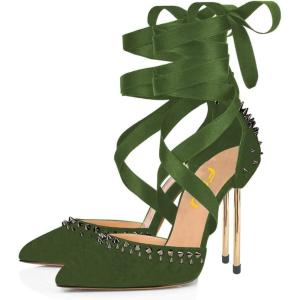 imageFSJ Women High Heel Ankle Strap Sandals Pointed Toe Rivets Pumps PVC Club Dress Shoes with Studs Fashion Size 415 USGreen
