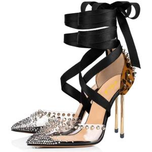 imageFSJ Women High Heel Ankle Strap Sandals Pointed Toe Rivets Pumps PVC Club Dress Shoes with Studs Fashion Size 415 USLeopard