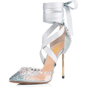 imageFSJ Women High Heel Ankle Strap Sandals Pointed Toe Rivets Pumps PVC Club Dress Shoes with Studs Fashion Size 415 USLight Blue