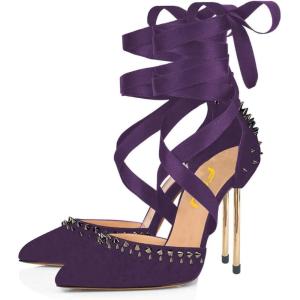 imageFSJ Women High Heel Ankle Strap Sandals Pointed Toe Rivets Pumps PVC Club Dress Shoes with Studs Fashion Size 415 USPurple