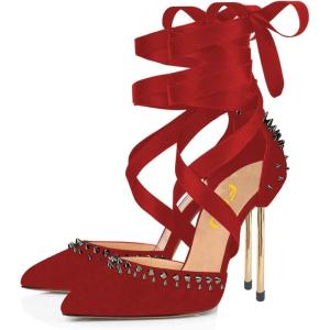 imageFSJ Women High Heel Ankle Strap Sandals Pointed Toe Rivets Pumps PVC Club Dress Shoes with Studs Fashion Size 415 USRed2