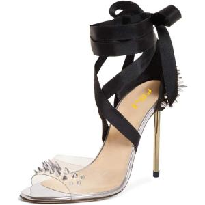 imageFSJ Women High Heel Ankle Strap Sandals Pointed Toe Rivets Pumps PVC Club Dress Shoes with Studs Fashion Size 415 USSilver
