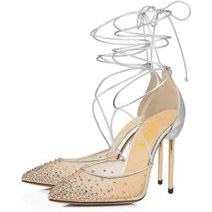 imageFSJ Women High Heel Ankle Strap Sandals Pointed Toe Rivets Pumps PVC Club Dress Shoes with Studs Fashion Size 415 USSilverlace Up